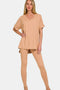 Zenana Full Size V-Neck Rolled Short Sleeve T-Shirt and Leggings Lounge Set DK Brush - Fashorio