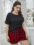 Plus Size Round Neck Tee Shirt and Plaid Shorts Lounge Set - Fashorio