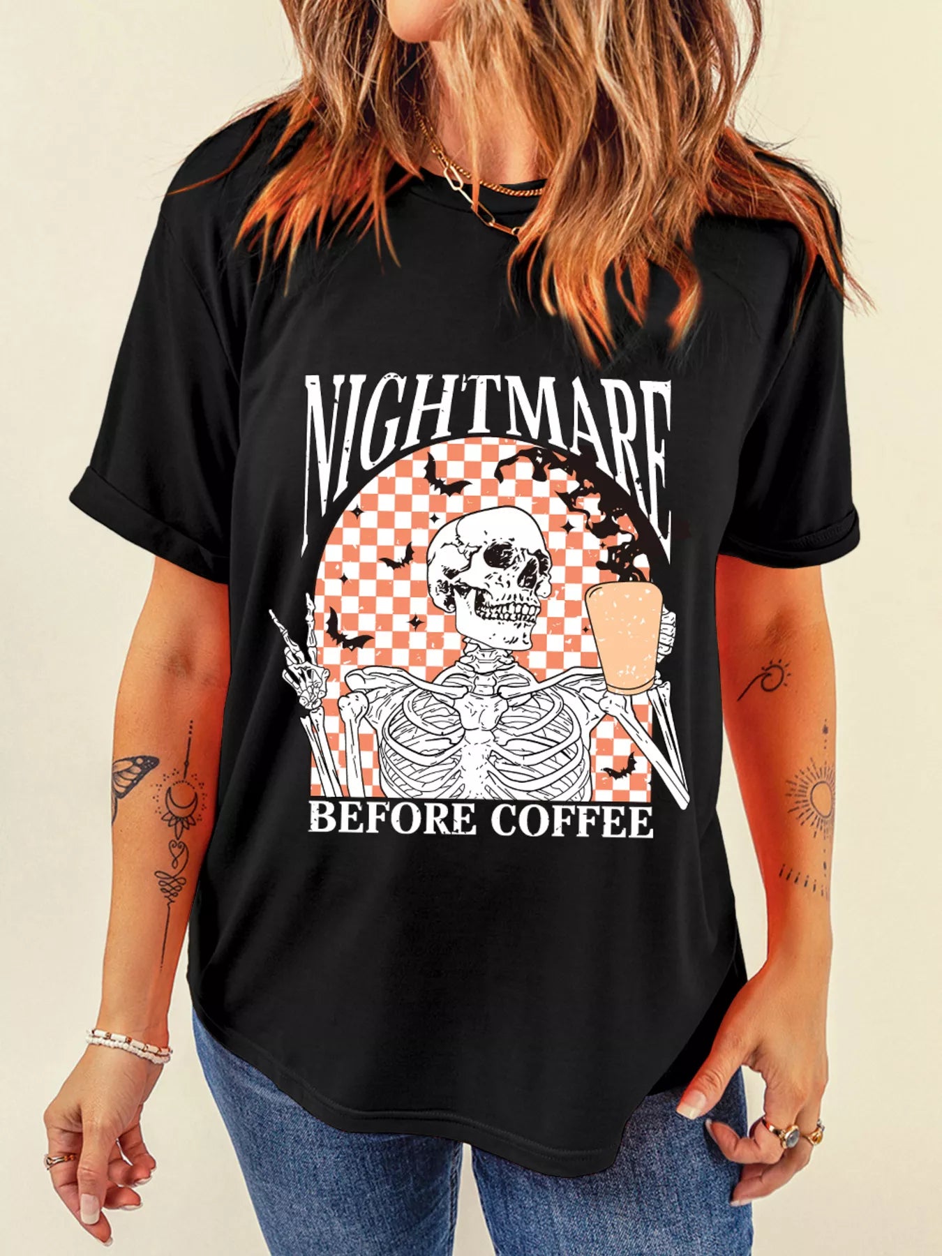 Halloween Skull Checkerboard Graphic Round Neck Tee - Fashorio