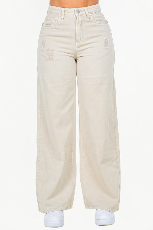 American Bazi High Waist Distressed Wide Leg Jeans Beige - Fashorio