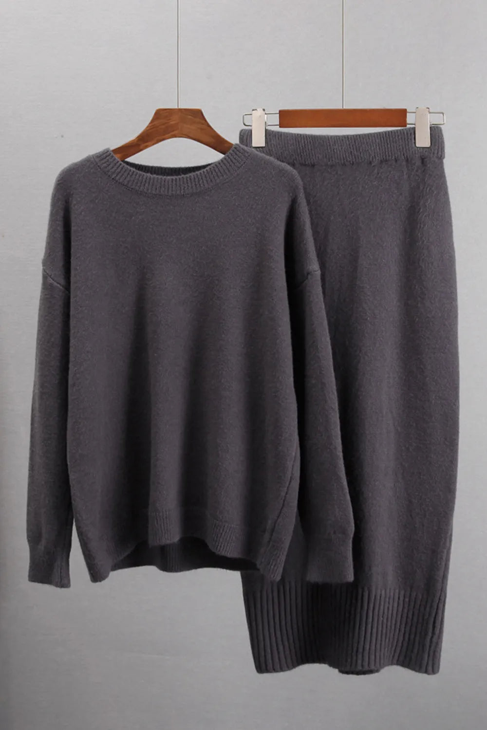Round Neck Dropped Shoulder Top and Skirt Sweater Set - Fashorio