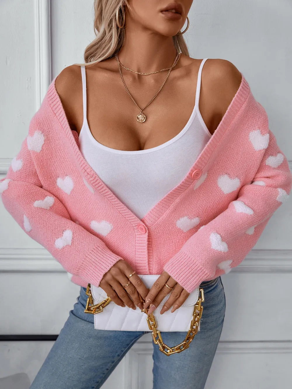 Heart V-Neck Button Up Long Sleeve Cardigan - Fashorio