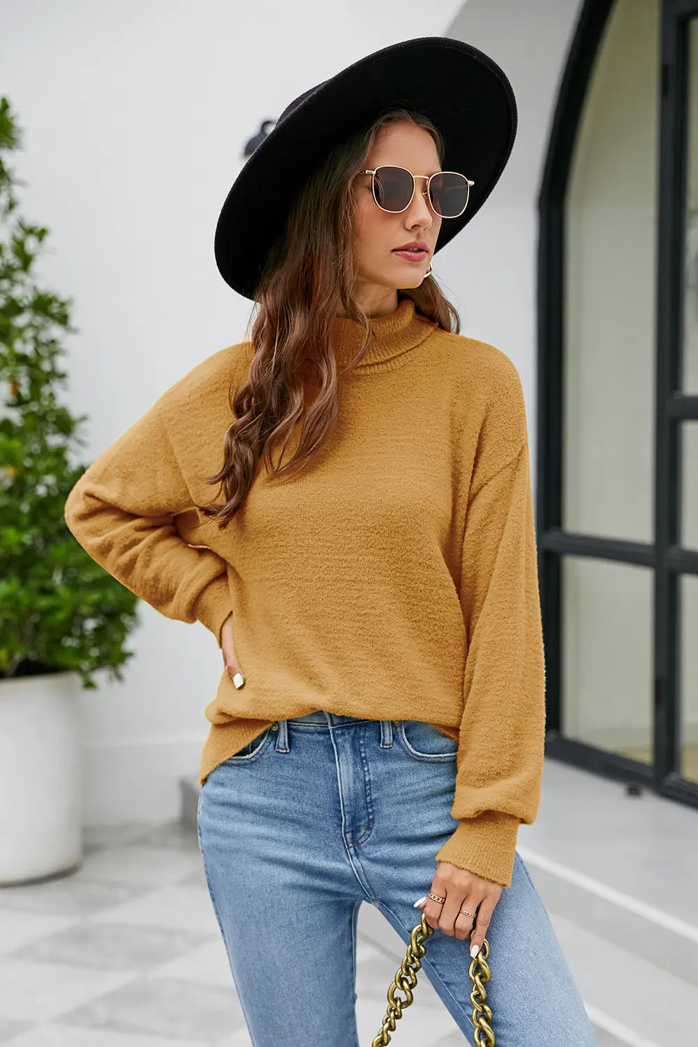 Mock Neck Dropped Shoulder Long Sleeve Sweater - Fashorio