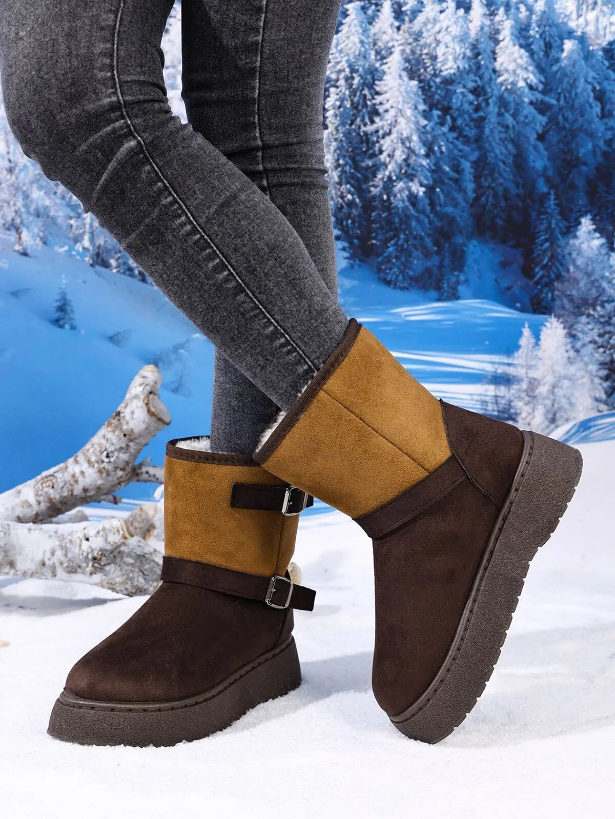 Round Toe Platform Boots Camel - Fashorio