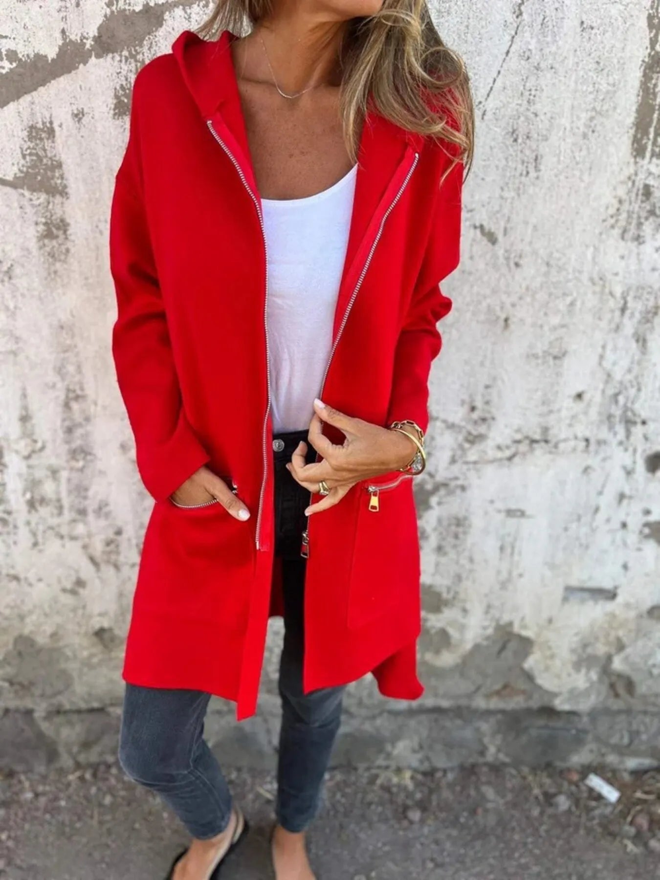 Full Size Zip Up Long Sleeve Hooded Outerwear Plus Size Red - Fashorio