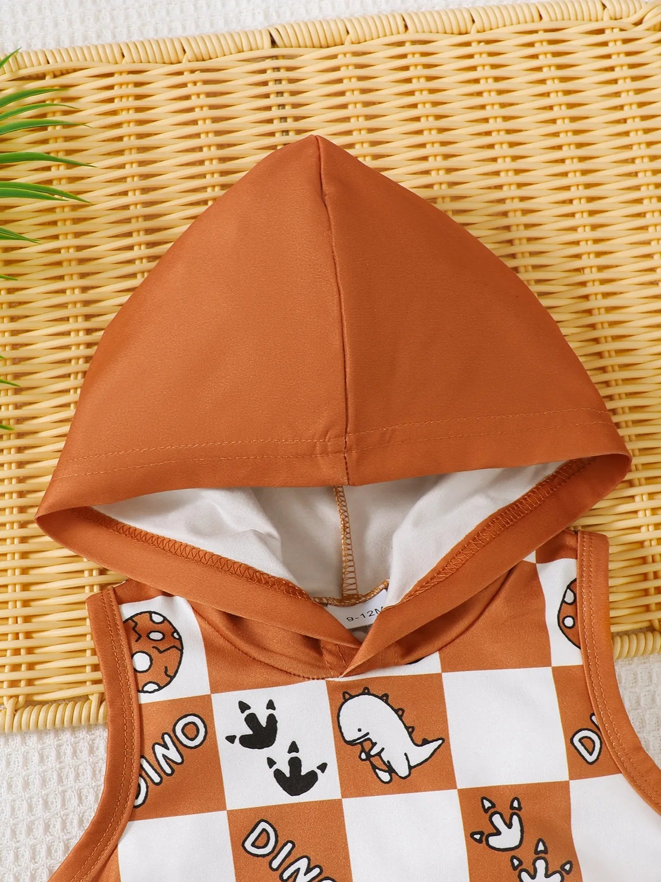 Children's Dinosaur Checkered Sleeveless Hooded Top and Shorts Set - Fashorio