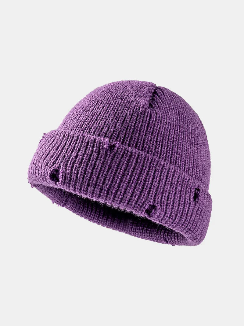 Distressed Cuffed Knit Hat Purple One Size - Fashorio