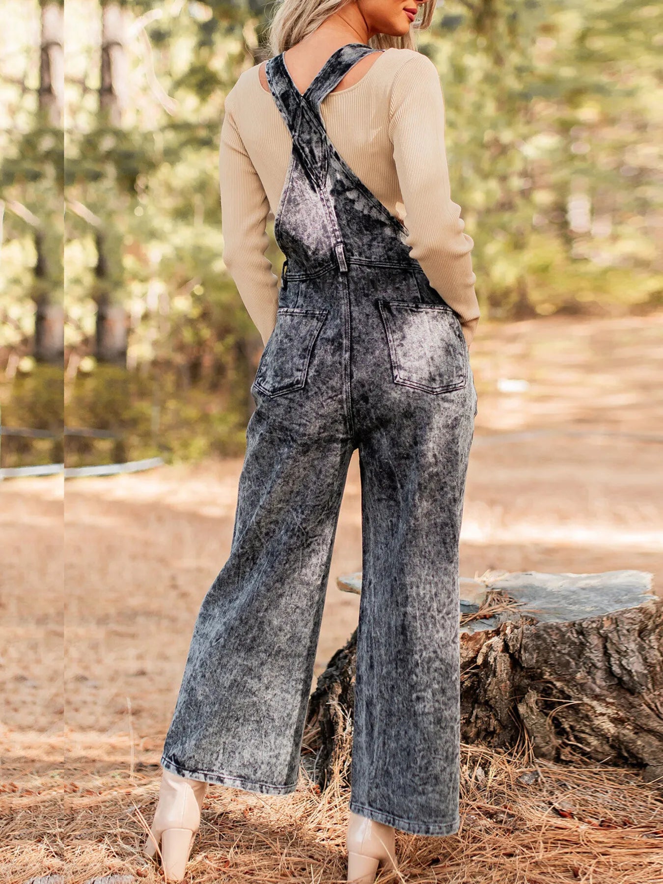 Vintage Washed Wide Leg Denim Overalls with Front Pockets - Fashorio
