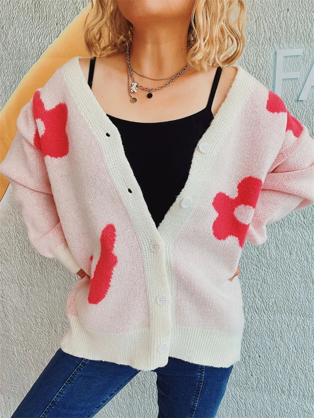 Flower Button Down V-Neck Long Sleeve Cardigan - Fashorio