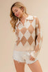 BiBi Diamond Pattern Collared Notch Neck Sweater - Fashorio