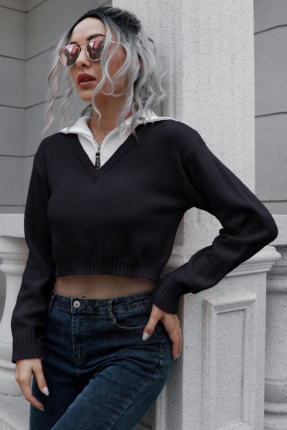 Contrast Collared Cropped Sweater - Fashorio