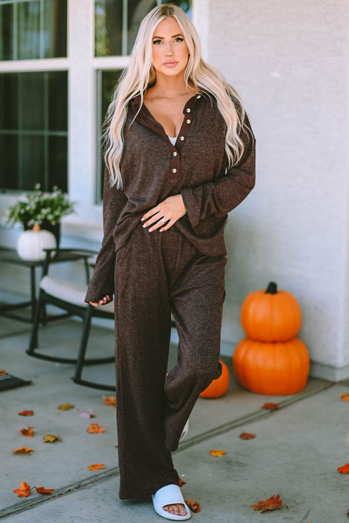 Buttoned Long Sleeve Top and Long Pants Lounge Set Brown - Fashorio