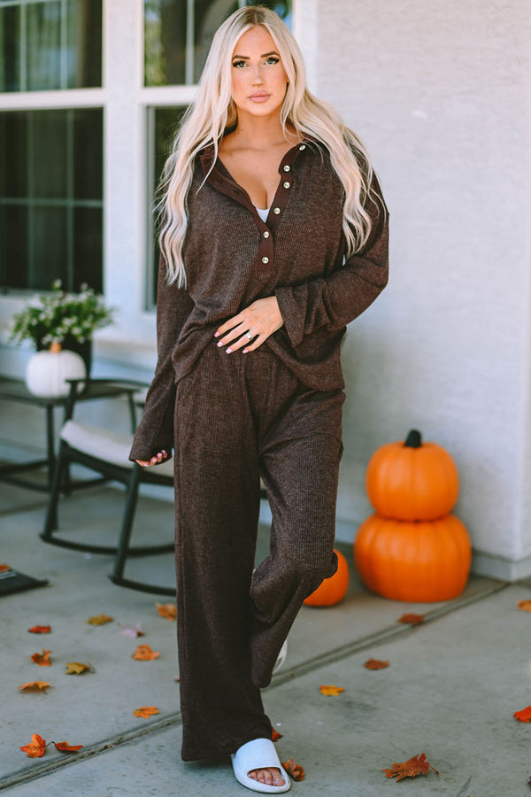 Buttoned Long Sleeve Top and Long Pants Lounge Set Brown - Fashorio