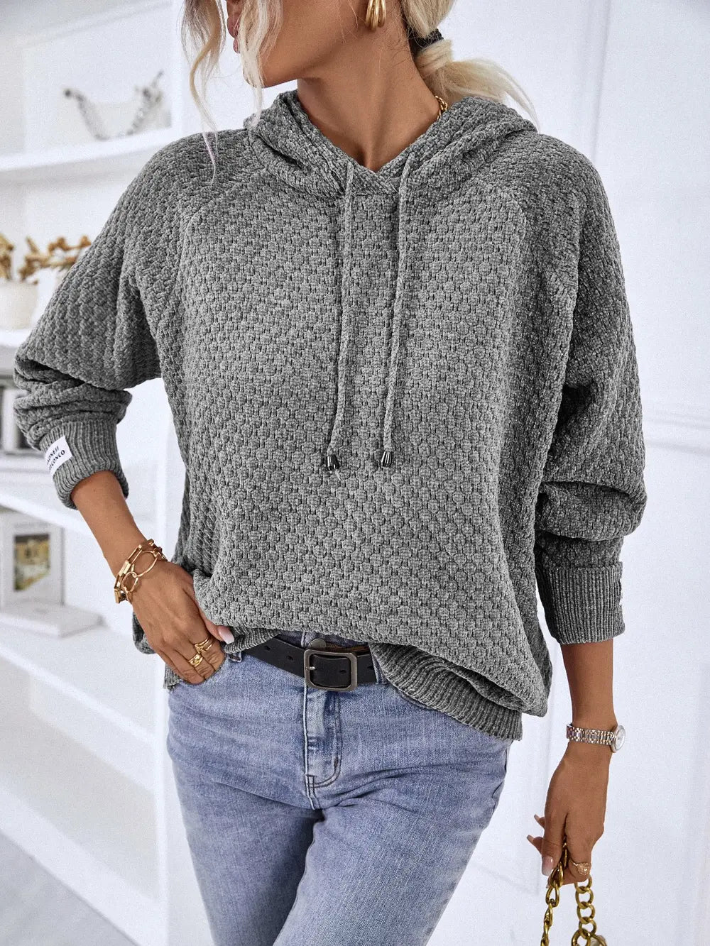 Texture Drawstring Long Sleeve Hooded Sweater Charcoal - Fashorio