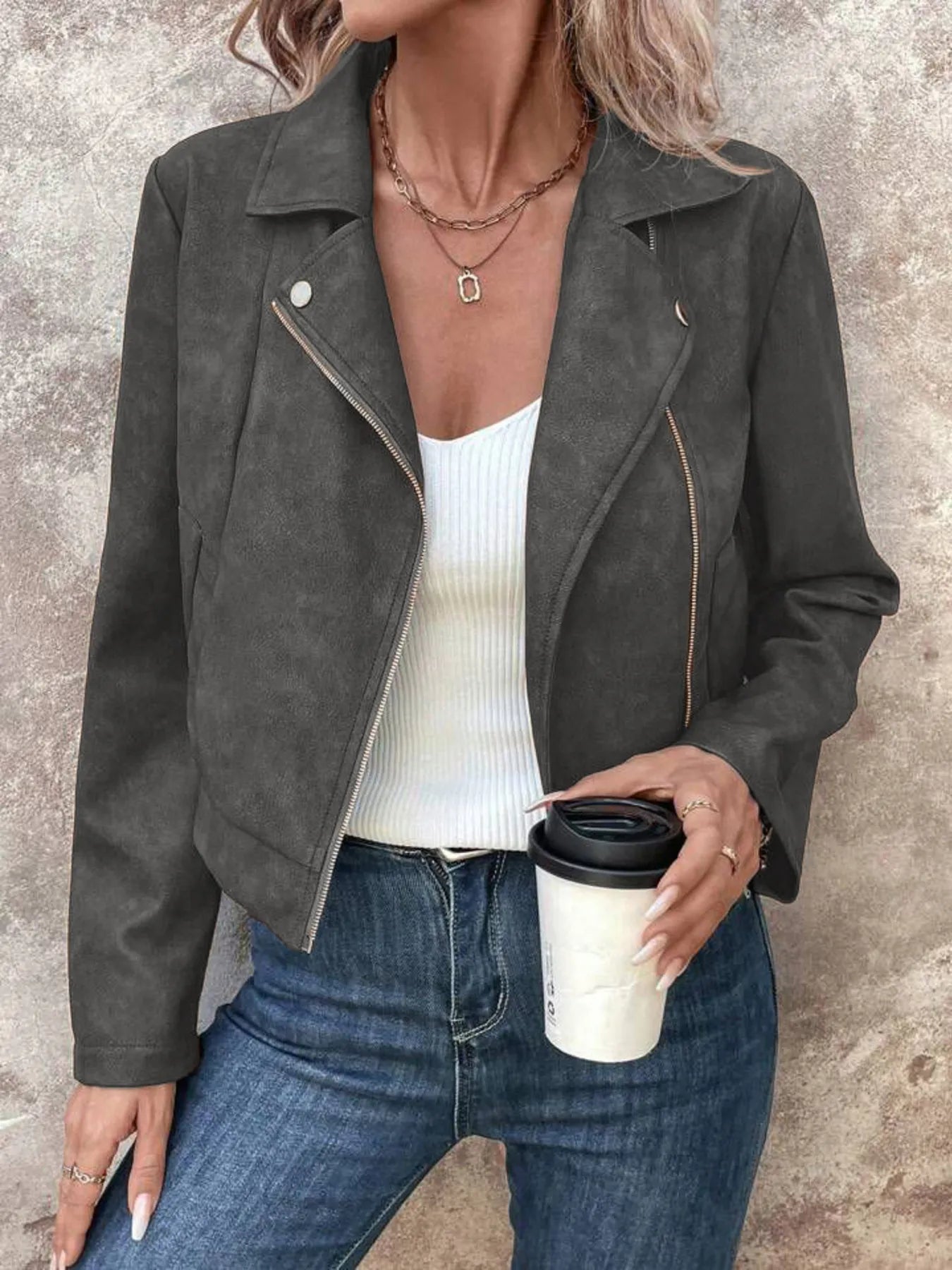 Zip Up Suede Cropped Moto Jacket Dark Gray - Fashorio