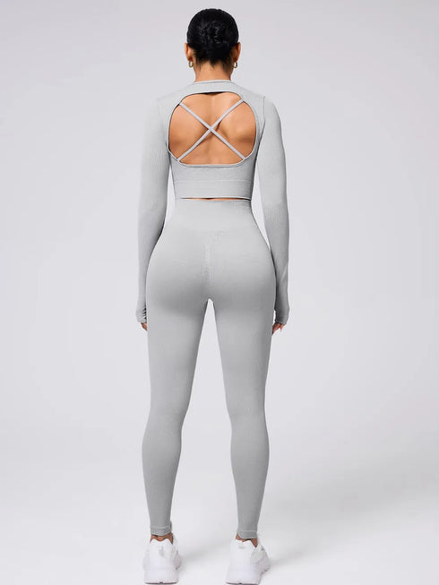 Back Crisscross Round Neck Long Sleeve Top and Leggings Active Set - Fashorio