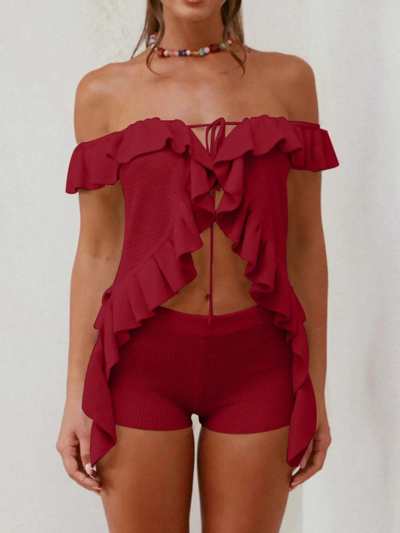 Off-Shoulder Ruffle Top and Shorts Sweater Set - Fashorio