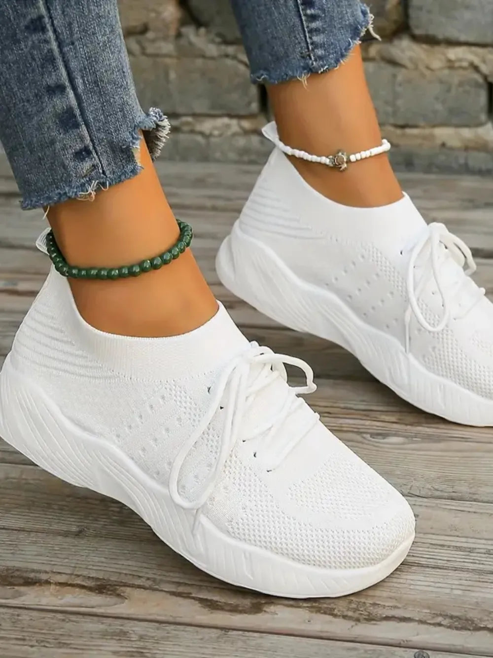 Mesh Round Toe Flat Athletic White - Fashorio