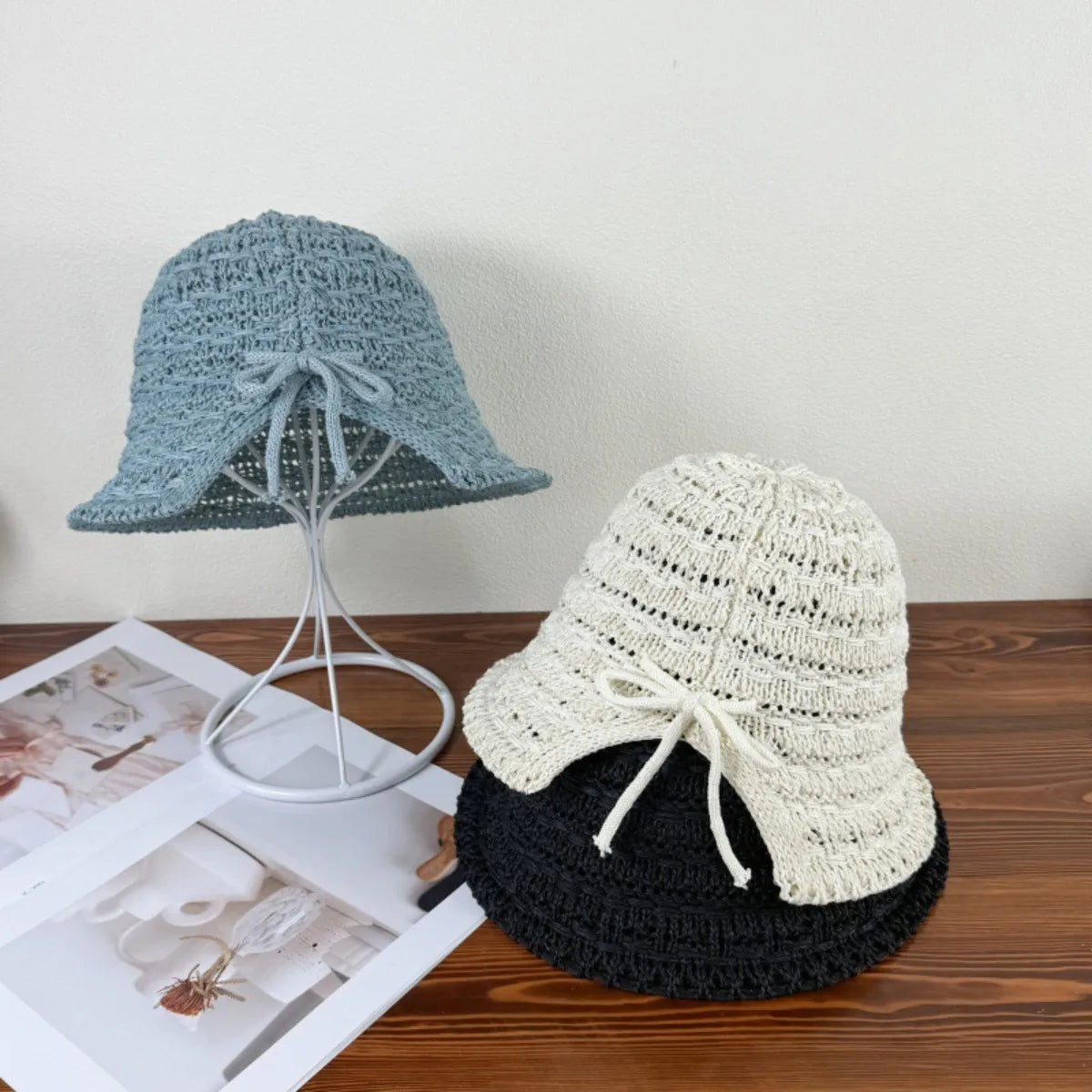 Crochet Bucket Hat with Drawstring French Blue One Size - Fashorio
