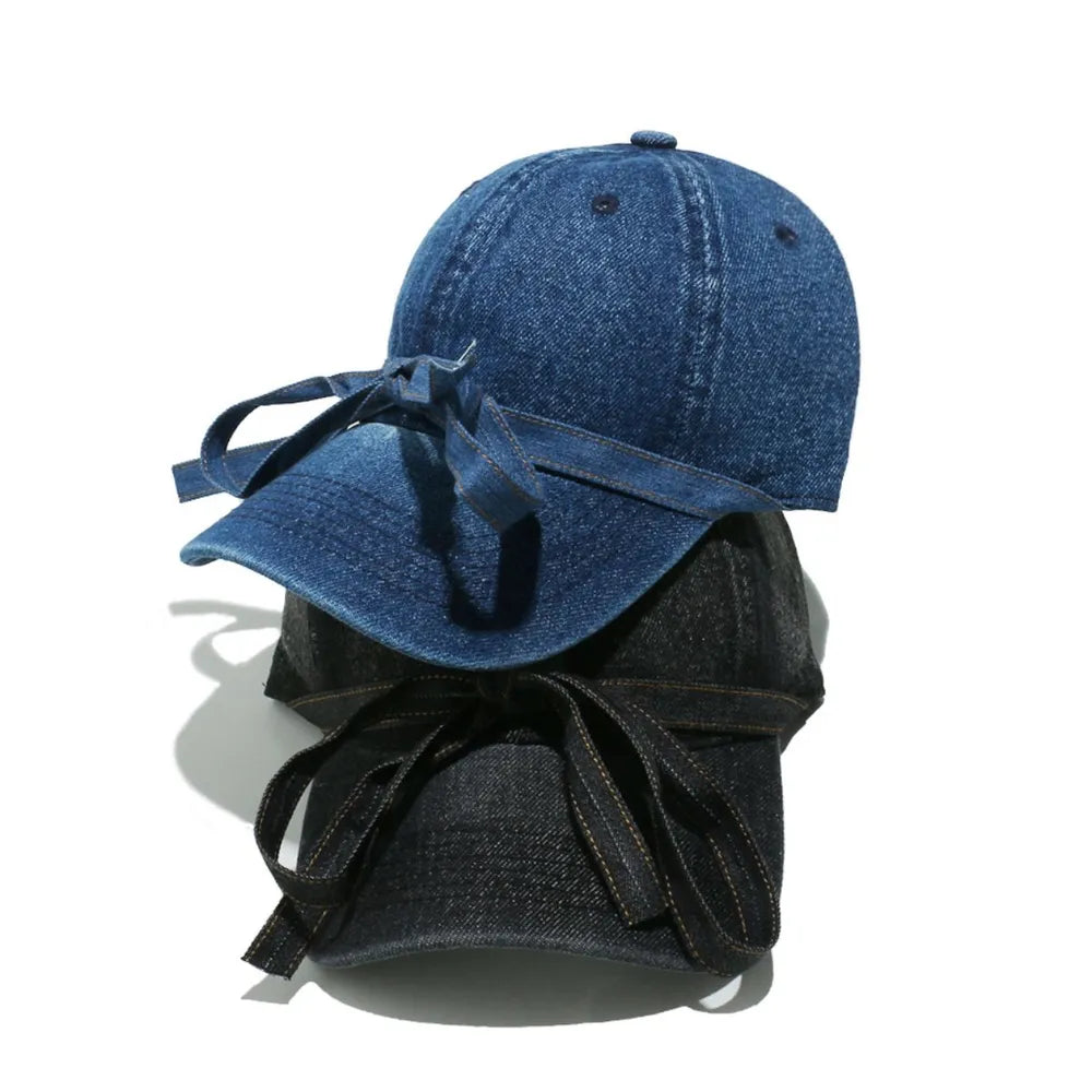 Washed Bow Denim Baseball Cap - Fashorio