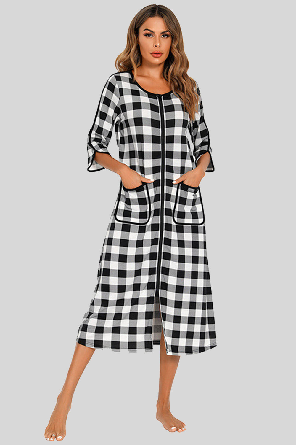 Round Neck Three-Quarter Sleeve Midi Night Dress White - Fashorio
