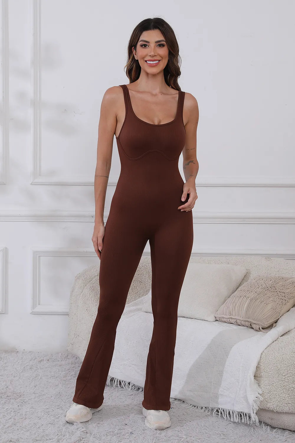 Scoop Neck Wide Strap Active Jumpsuit - Fashorio
