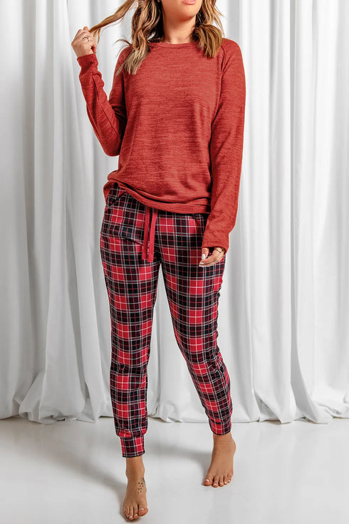 Round Neck Top and Drawstring Plaid Pants Lounge Set Deep Red - Fashorio
