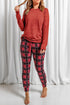 Round Neck Top and Drawstring Plaid Pants Lounge Set Deep Red - Fashorio