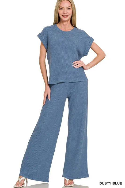 Zenana Rolled Sleeve Top and Pants Sweater Set DUSTY BLUE - Fashorio