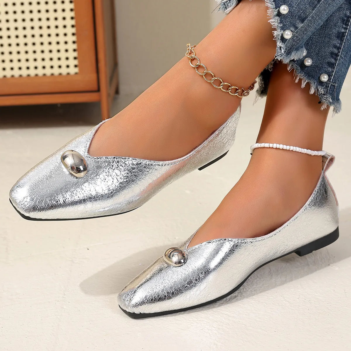 Square Toe Flats Slip-Ons Silver - Fashorio
