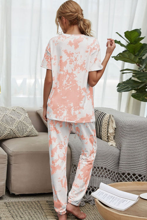 Shiny Tie-Dye Tee and Drawstring Waist Joggers Lounge Set - Fashorio