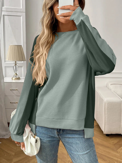 Color Block Long Sleeve Sweatshirt Green - Fashorio