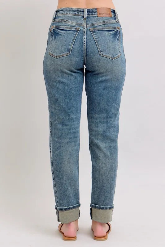 Judy Blue Full Size Mid Rise Vintage Wash Double Roll Cuff Boyfriend Jeans Plus Size - Fashorio