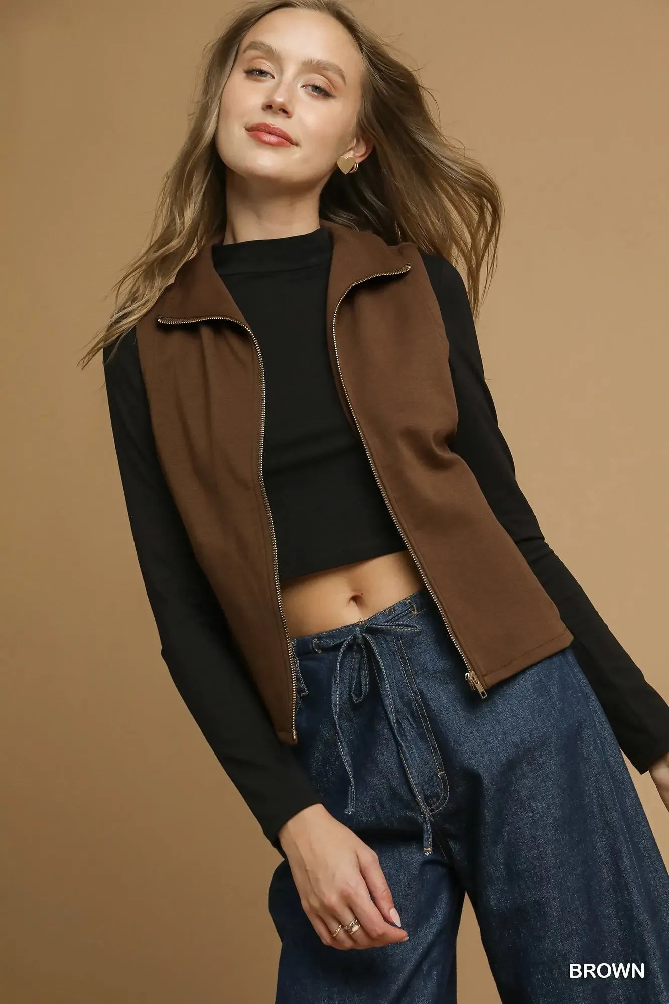 Umgee Zip-Front Fitted Vest with Pockets Brown - Fashorio