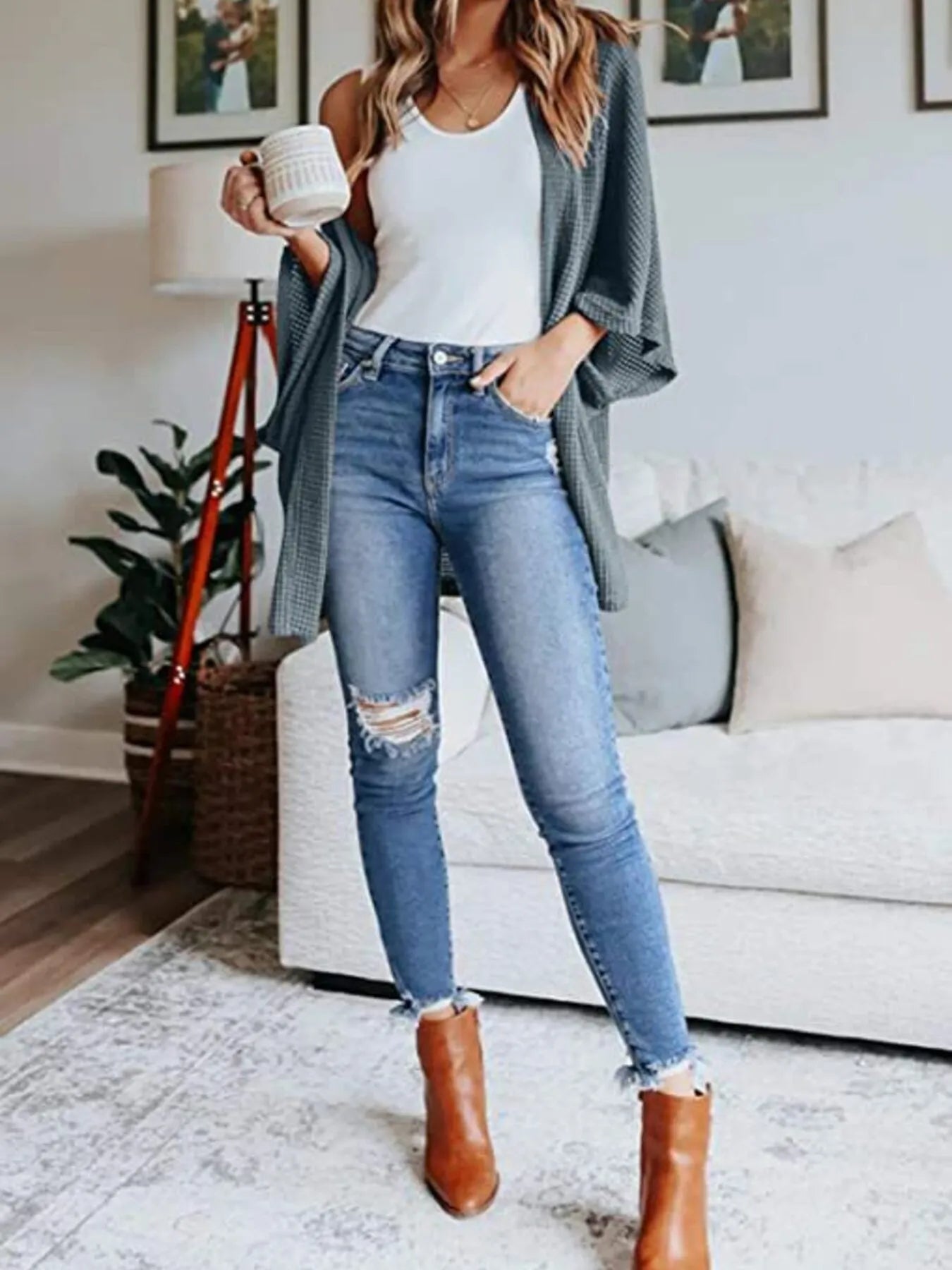 Full Size Open Front Waffle Knit Cardigan Plus Size - Fashorio
