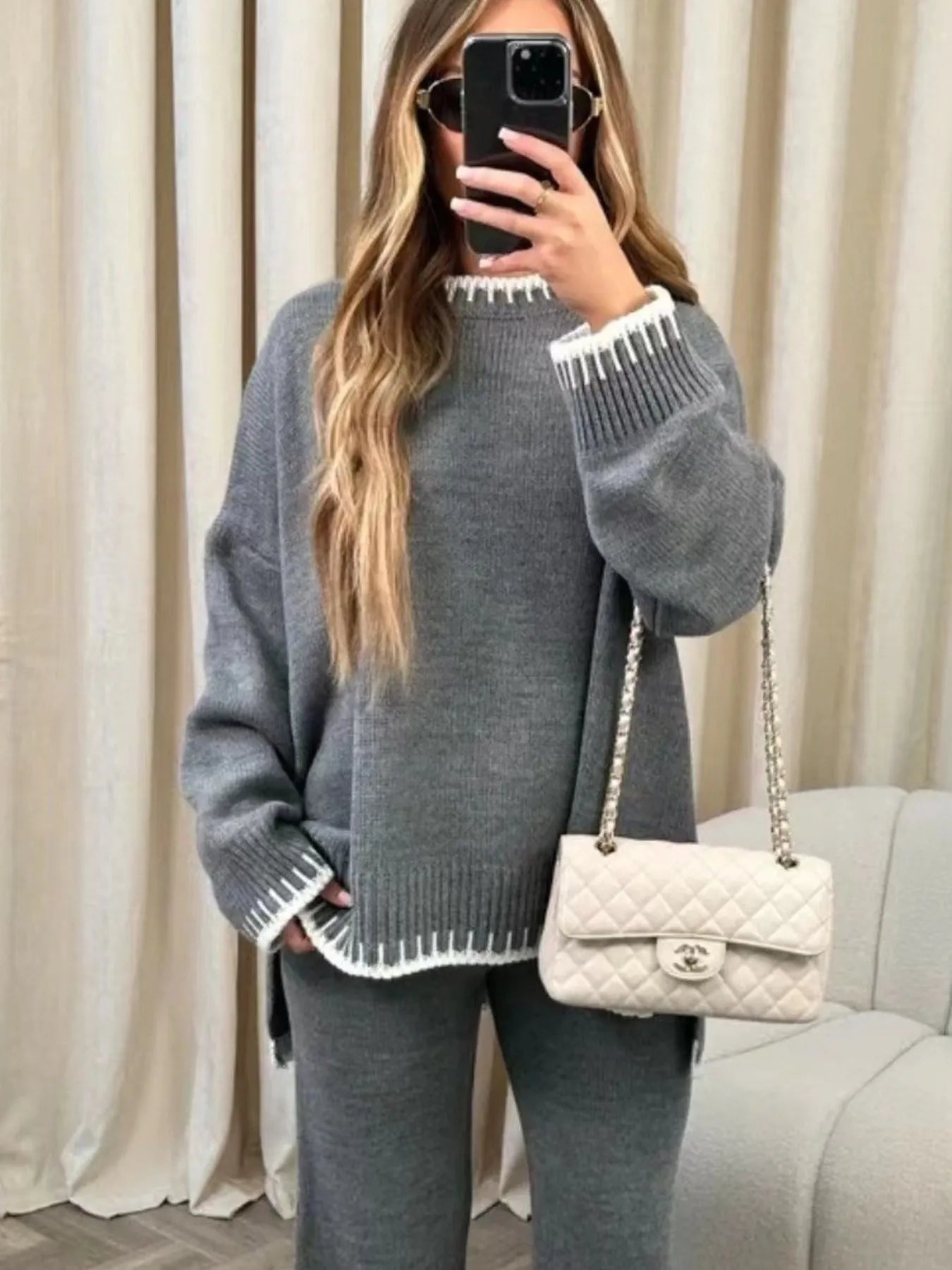 Contrast Trim Round Neck Top and Pants Sweater Set - Fashorio
