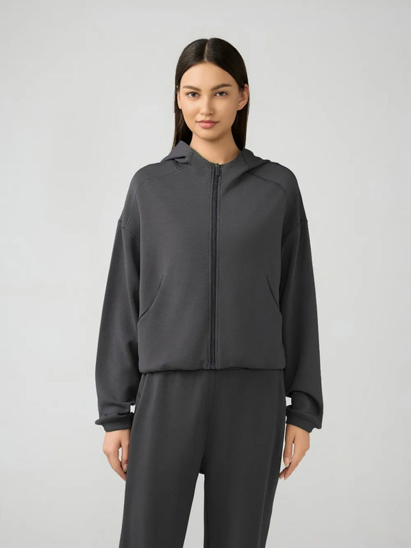 Millennia Zip Up Dropped Shouder Active Hooded Dark Gray - Fashorio
