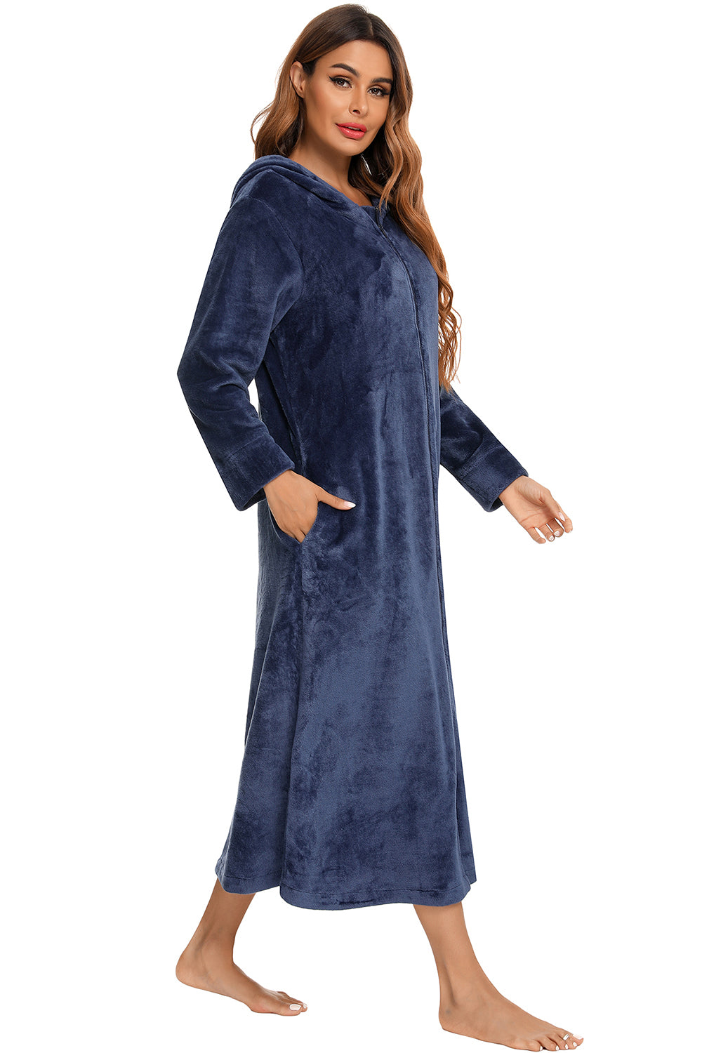 Zip Front Hooded Night Dress with Pockets - Fashorio