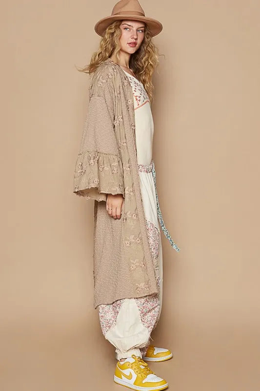 POL Flower Lace Trim Open Front Longline Cardigan - Fashorio
