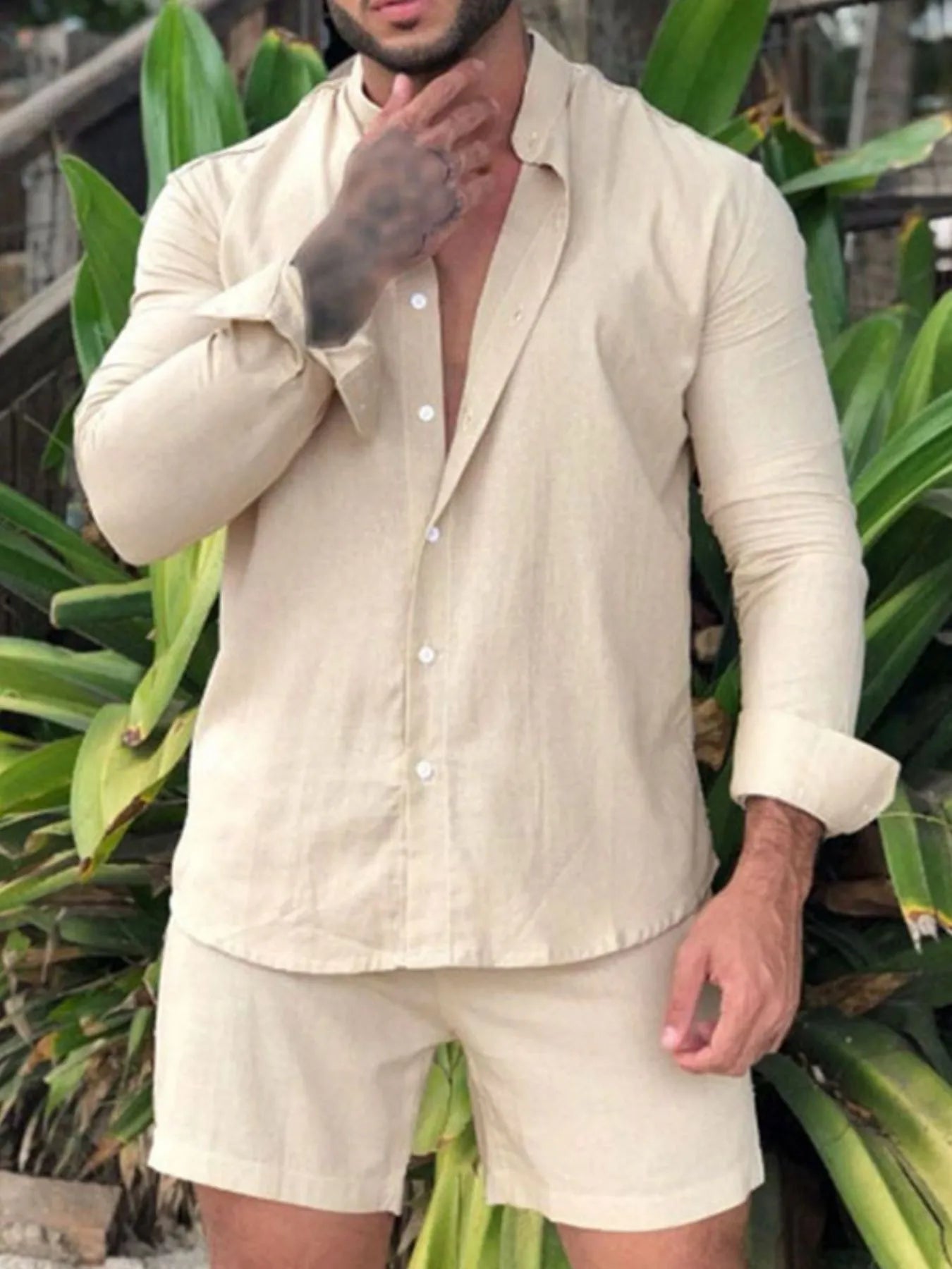 Men's Full Size Button Up Long Sleeve Shirt and Shorts Set Plus Size - Fashorio