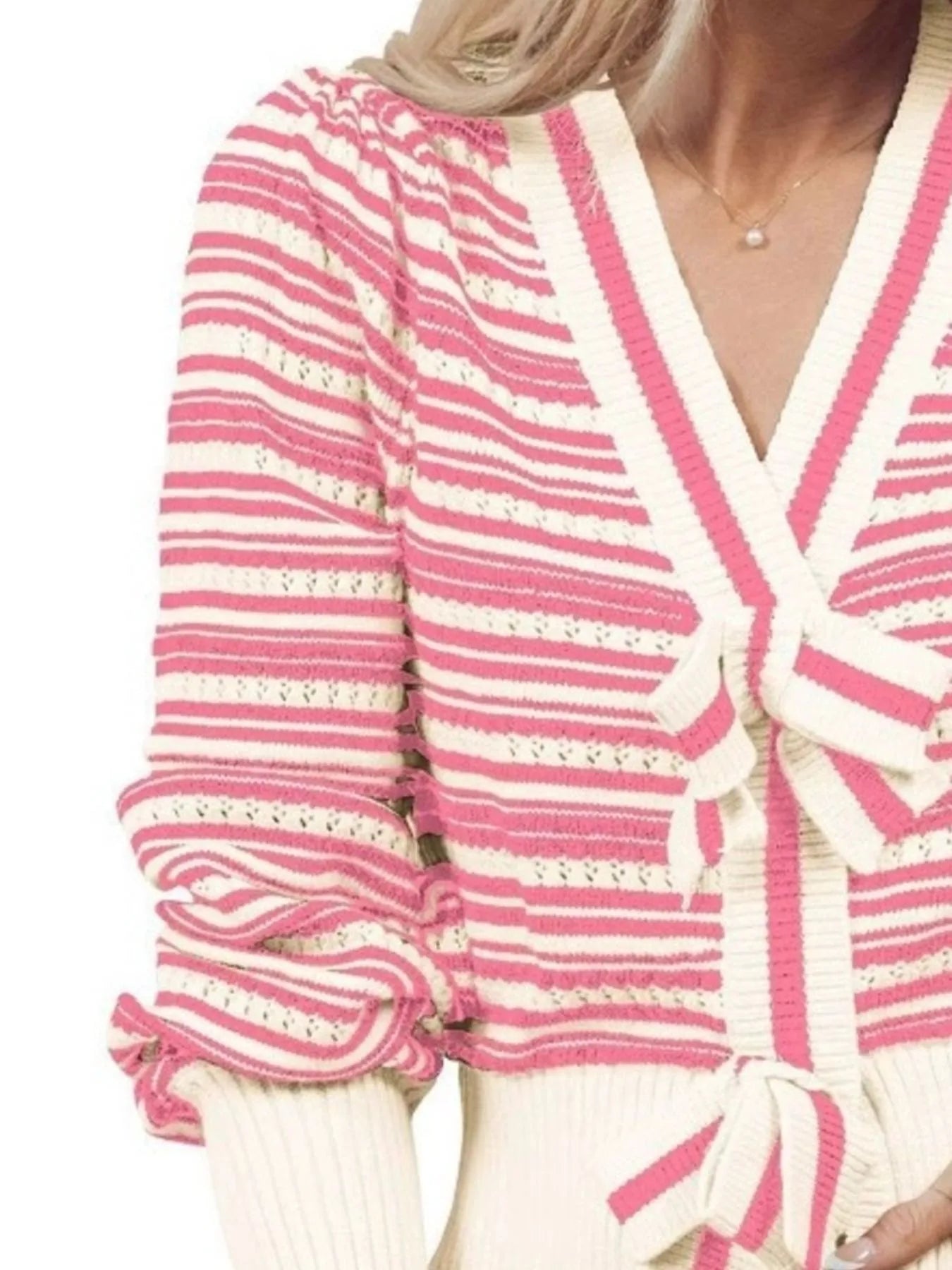 Striped V-Neck Tie-Front Cardigan - Fashorio