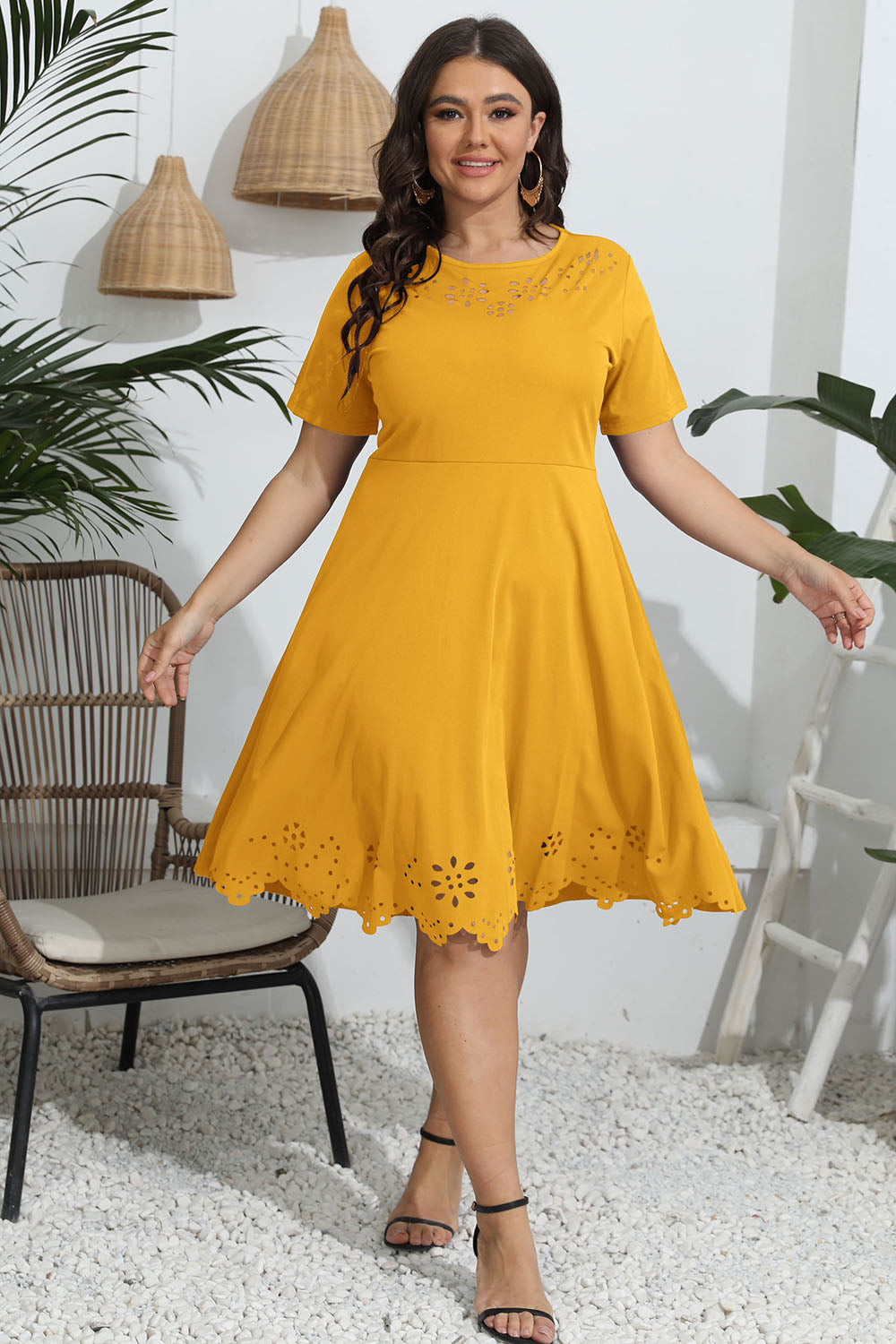 Plus Size Round Neck Openwork Dress – Chic Everyday Comfort Mustard - Fashorio