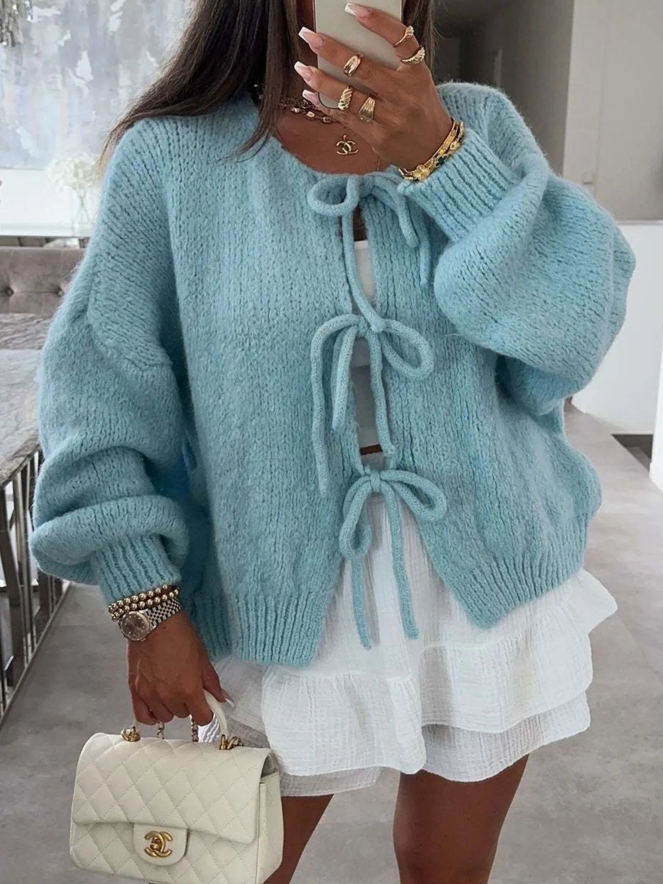 Cozy Bow-Tie Front Knit Cardigan Blue - Fashorio