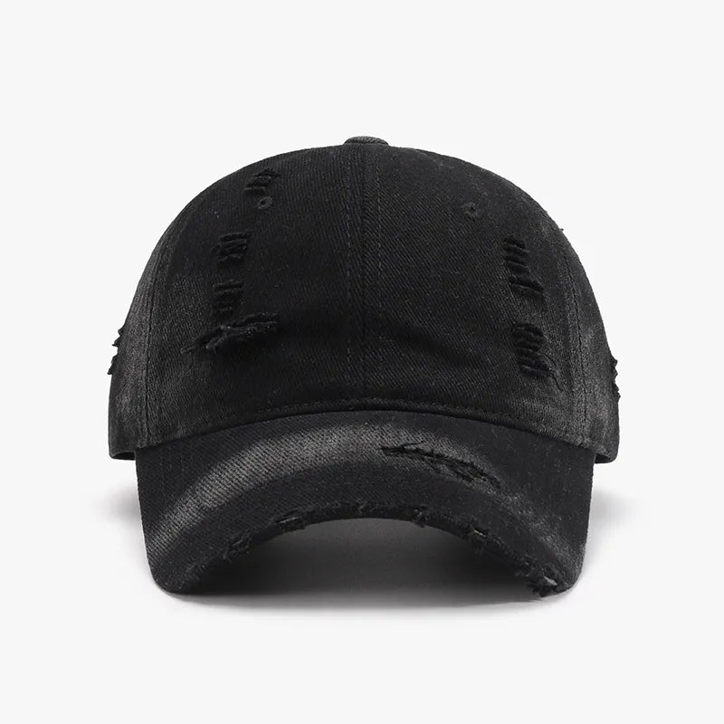 Distressed Adjustable Cotton Baseball Cap Black One Size - Fashorio