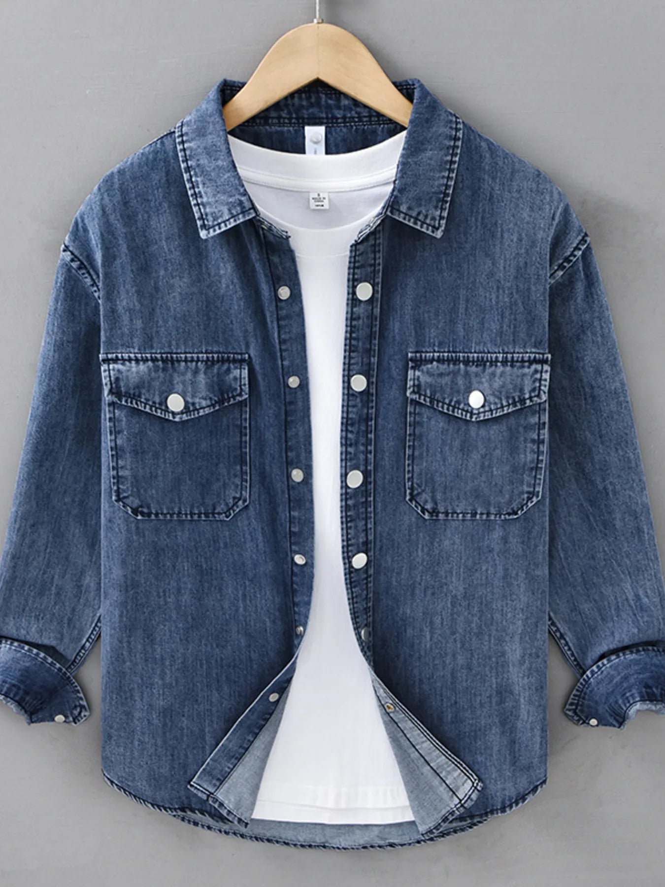 Men's Plus Size Button Up Long Sleeve Denim Shirt Dark Blue - Fashorio