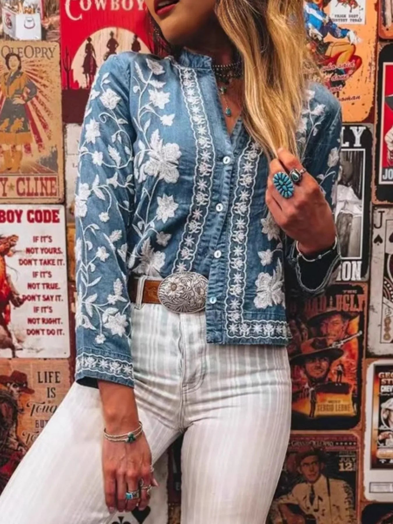 Floral Embroidered Button Up Denim Shirt - Fashorio