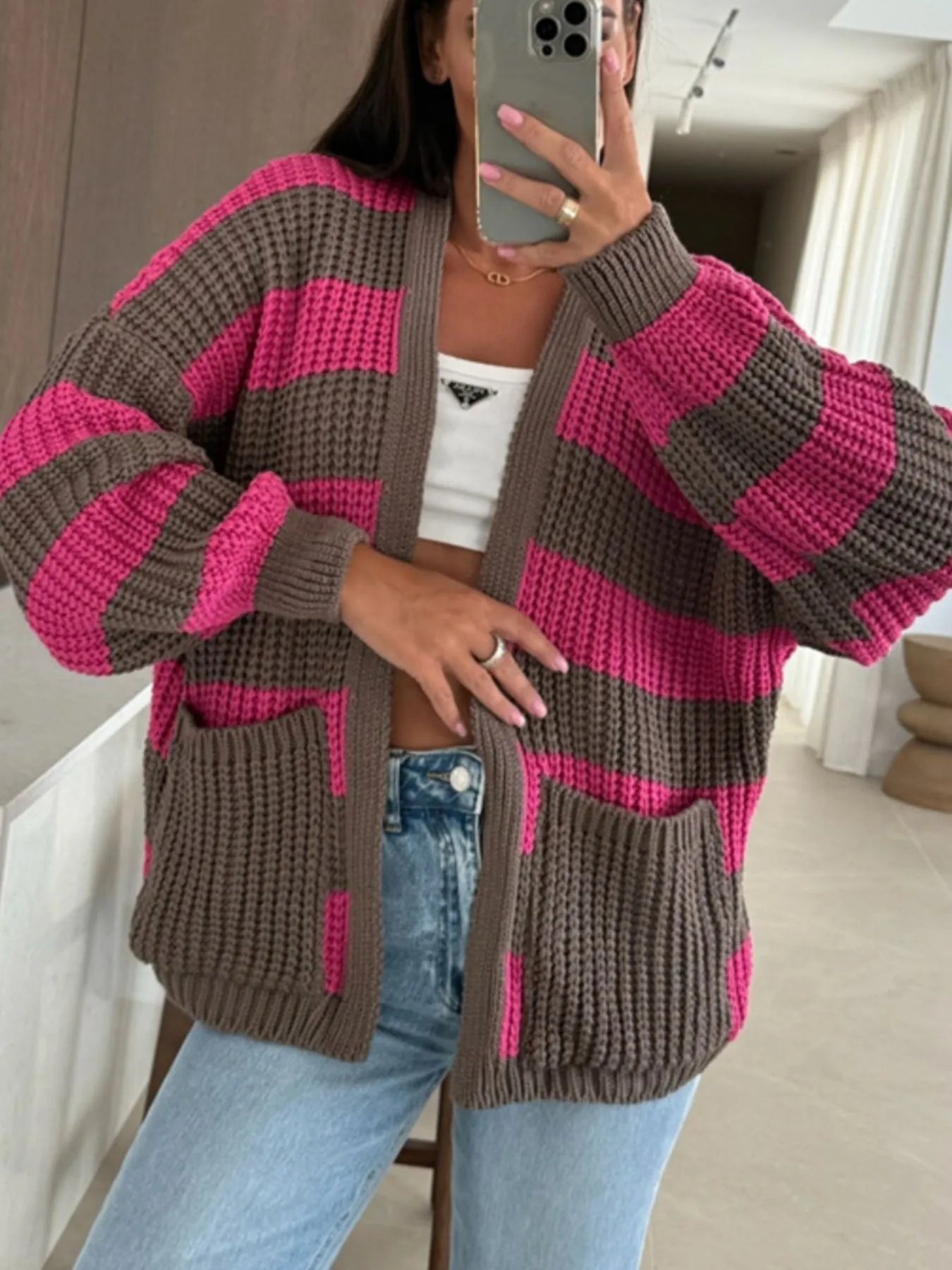 Striped Open Front Long Sleeve Cardigan - Fashorio