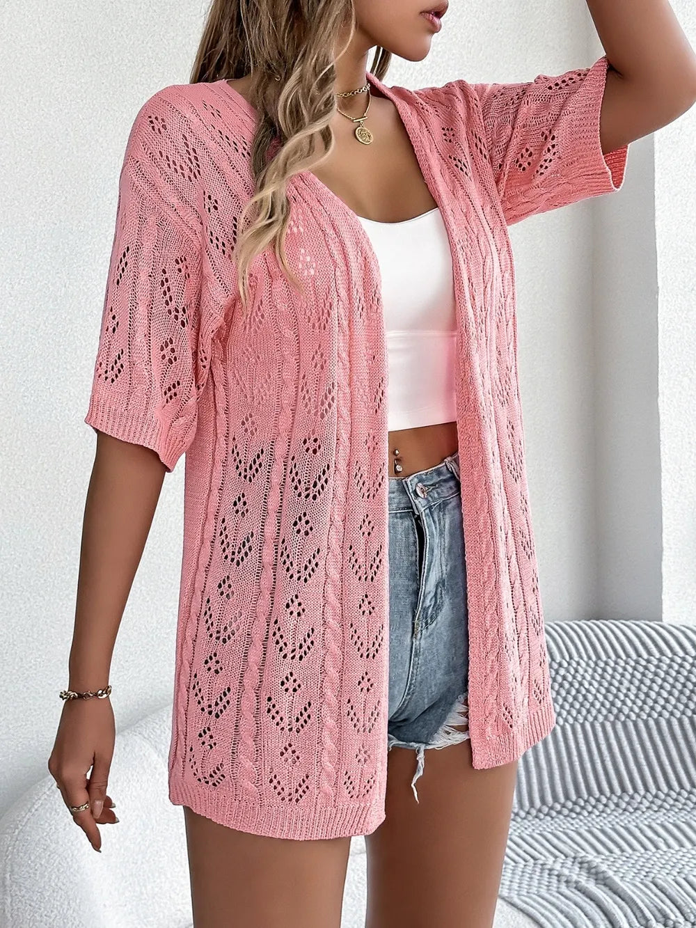 Openwork Open Front Half Sleeve Cardigan - Fashorio