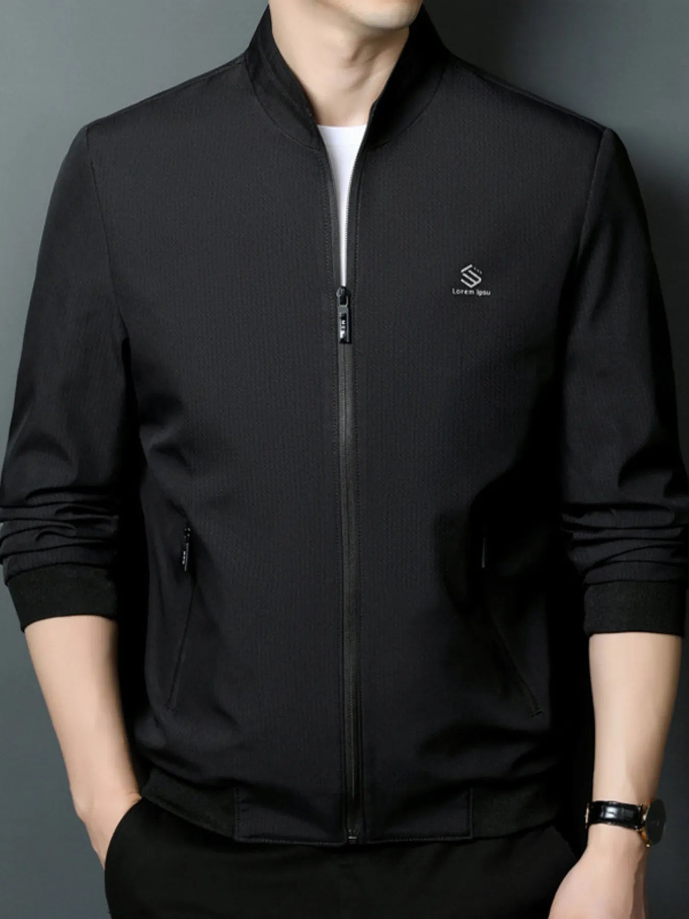 Men's Plus Size Zip Up Long Sleeve Jacket Black - Fashorio