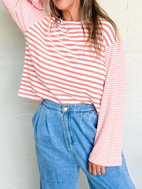 Striped Long Sleeve Ribbed Blouse - Fashorio